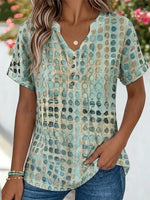 Teal Abstract Dot Print Henley V-neck Short Sleeve Top