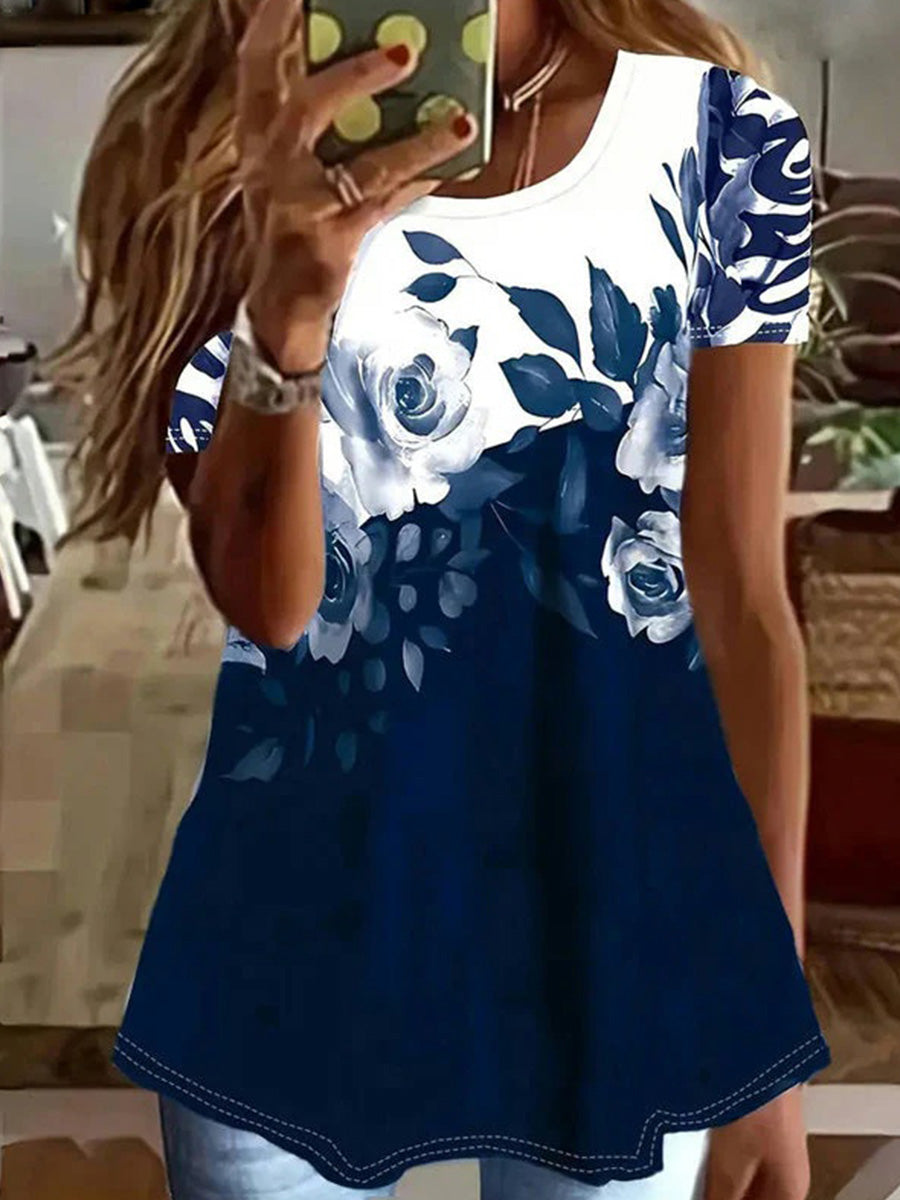 Vintage Floral Print Round Neck Short Sleeve T-Shirt