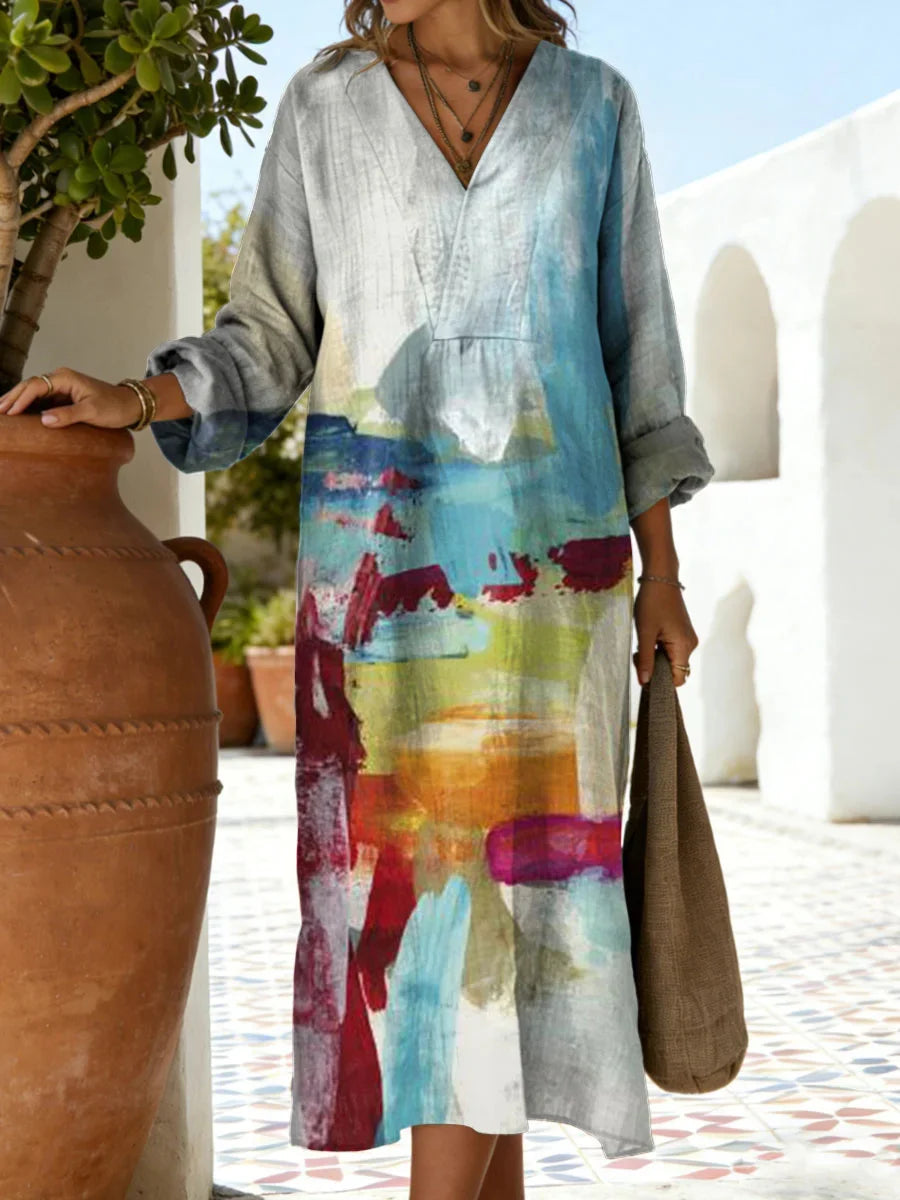 Women's Floral Pattern Art Print Casual V-neck Long Sleeve Dress
