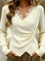 Vintage Lace Trim Wrap Plain V-neck Long Sleeve Sweater