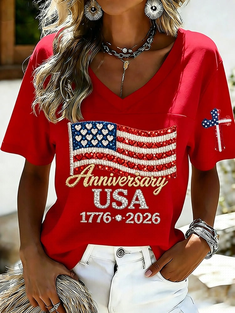 Women's Usa Anniversary Print V-neck T-shirt