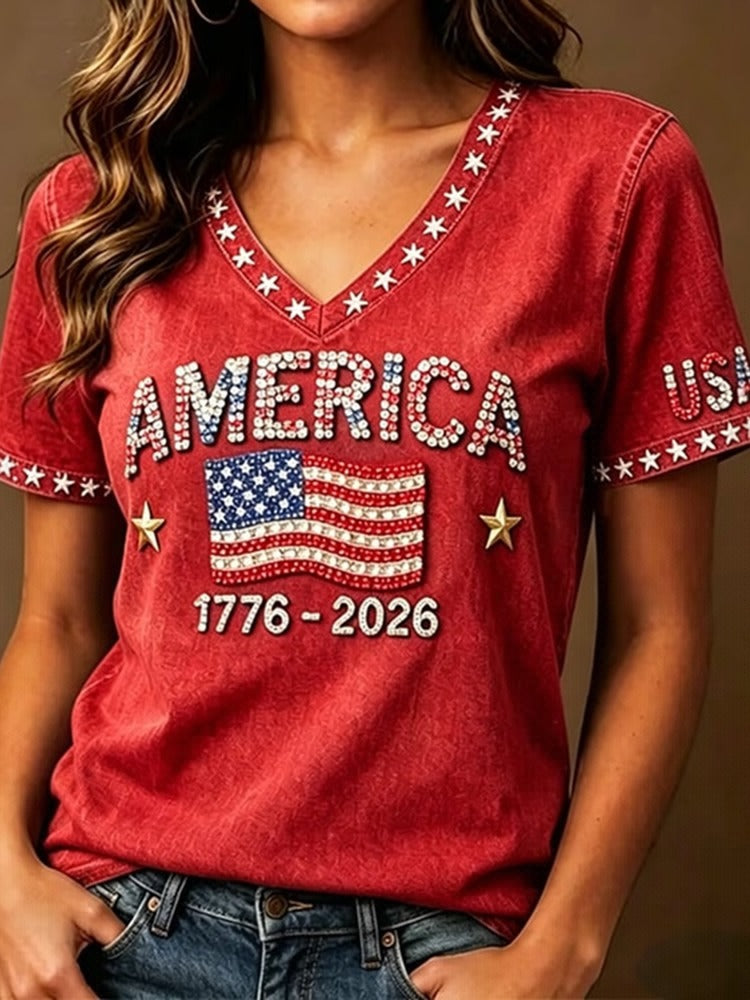 Women's Anniversary Art Print Casual V-neck T-shirt