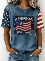 Women's Retro Independence Day Flag Printed T-shirt