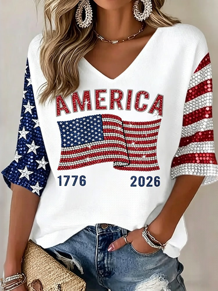 Women's Flag Art Three-quarter Sleeve V Neck Linen Tops