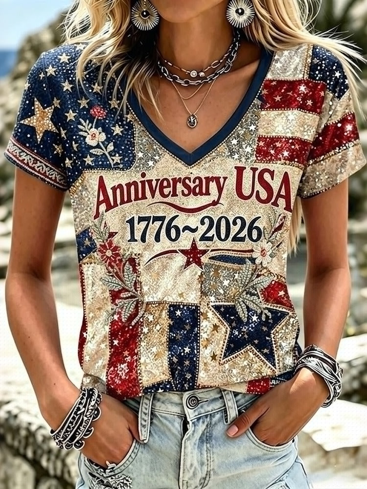 Women's Usa Anniversary Celebration V-neck Short Sleeves T-shirt
