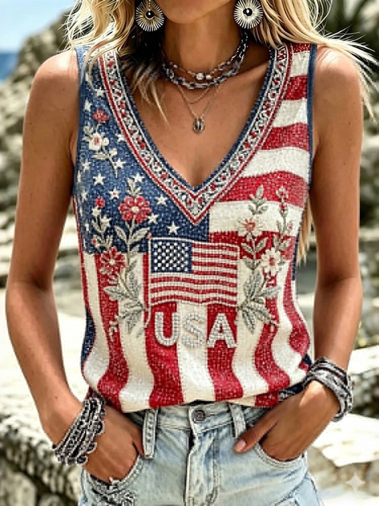 Women's America Hot Drill Floral Art Print V-neck Tank Top