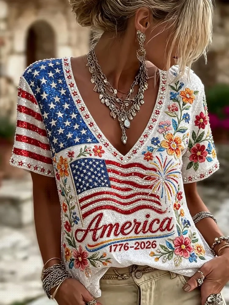 Women's American Anniversary Flag And Floral Art Patchwork Cotton Linen V-neck Top