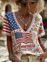 Women's American Anniversary Flag And Floral Art Patchwork Cotton Linen V-neck Top