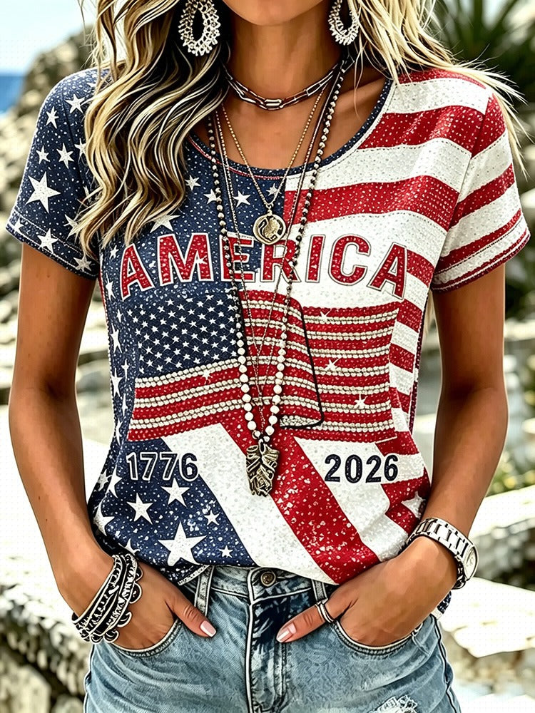 Women's Retro Independence Day Usa Flag Pattern Casual Crew Neck T-shirt