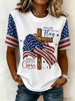 Women's Independence Day Faith Flag Print Crew Neck Short Sleeve T-shirt