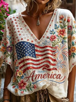Women's Independence Day Flag And Floral Cotton Linen Loose Short Sleeve Top