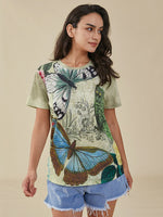 Butterfly Print Crew Neck Short Sleeve Green T-shirt