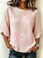 Crew Neck 3/4 Sleeve Floral Printing Regular Micro-Elasticity Regular Fit Blouse For Women