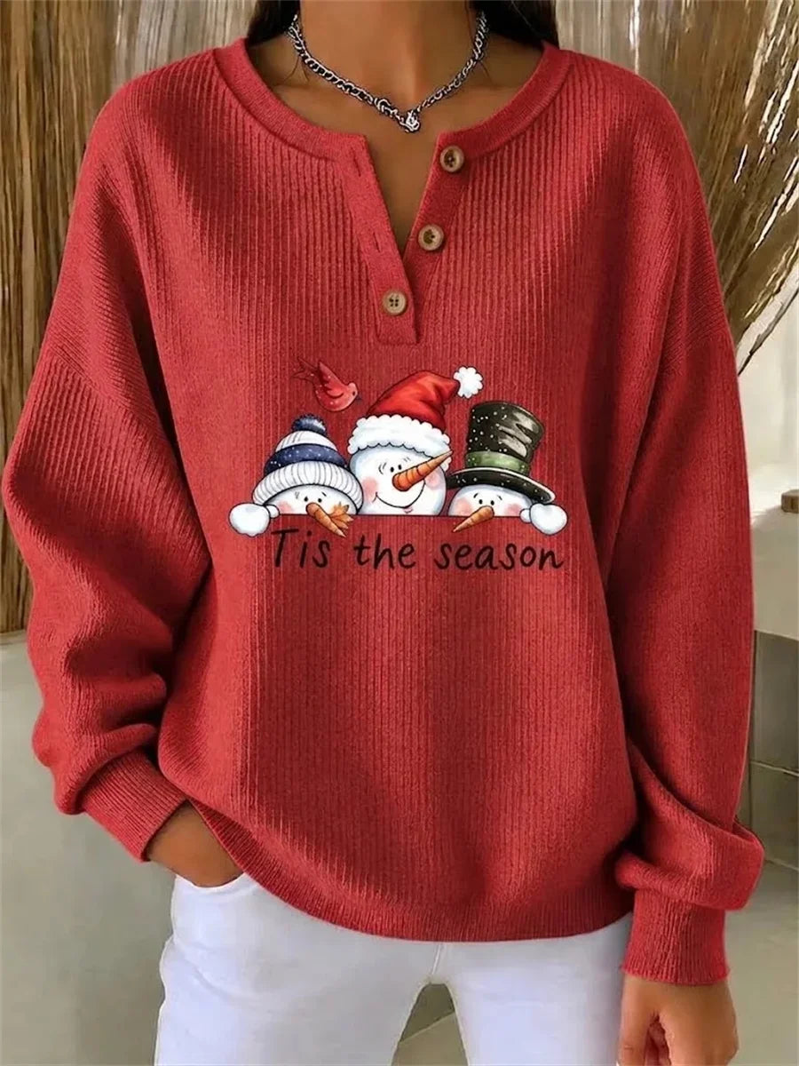 Women Vintage Christmas Snowman Henley Collar Long Sleeve Sweatshirt