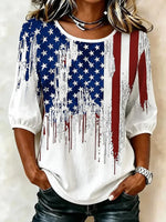 American Flag Drip Print Round Neck 3/4 Sleeve Casual Top