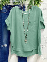 Casual V Neck Pocket Green Loose Short Sleeve Summer T-Shirt