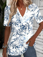 Casual Leaf Print V-neck Short Sleeve T-Shirt