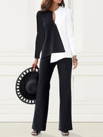 Black Casual V Neck Color Block Long Sleeve Two Piece Sets