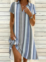 Blue Striped Asymmetrical Short Sleeve Midi Shirt Dress