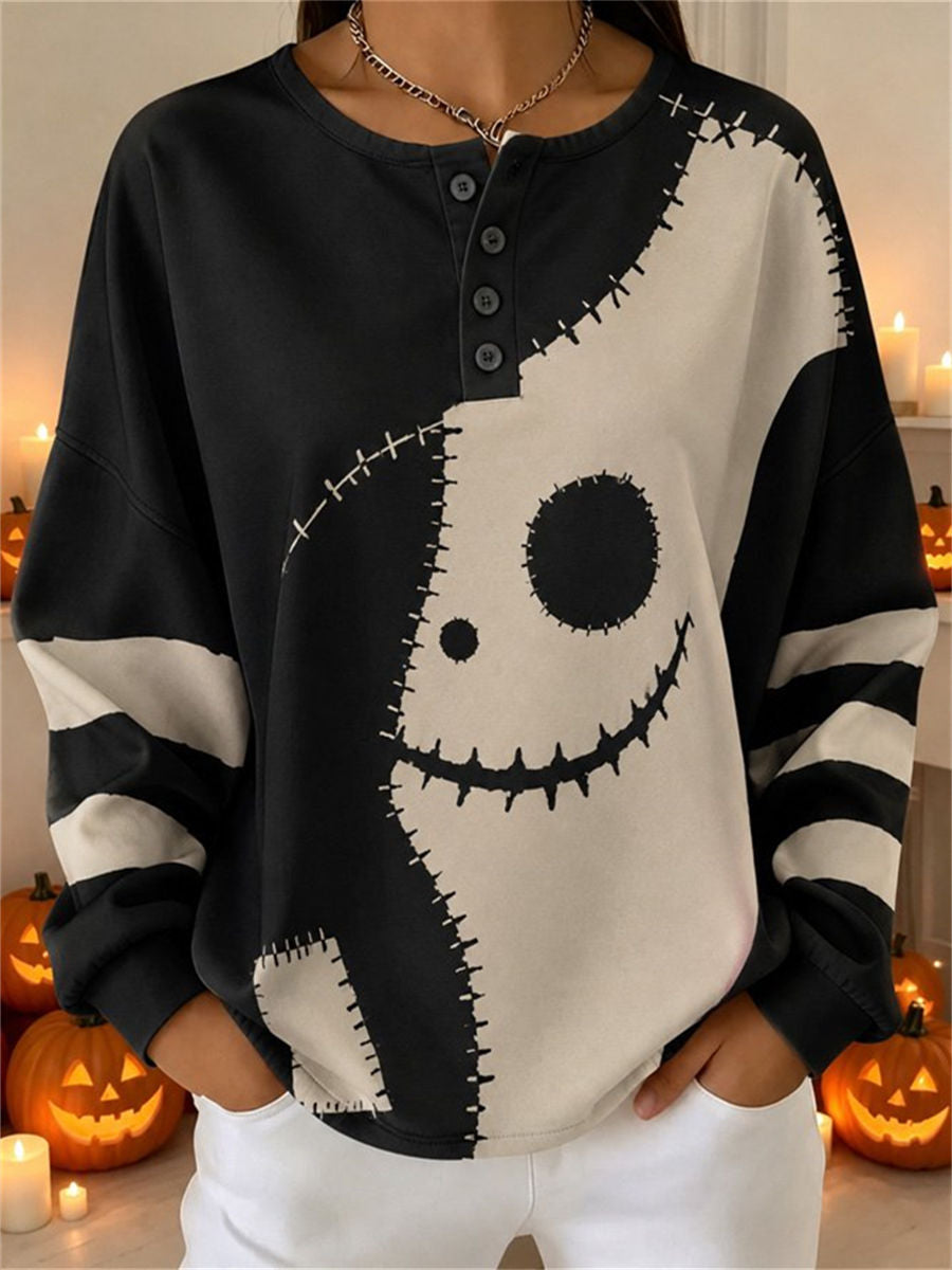 Casual Henley Collar Long Sleeve Cartoon Sweatshirt