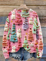 Christmas Tree Cute Cat Print Round Neck Long SleevePullover Sweater