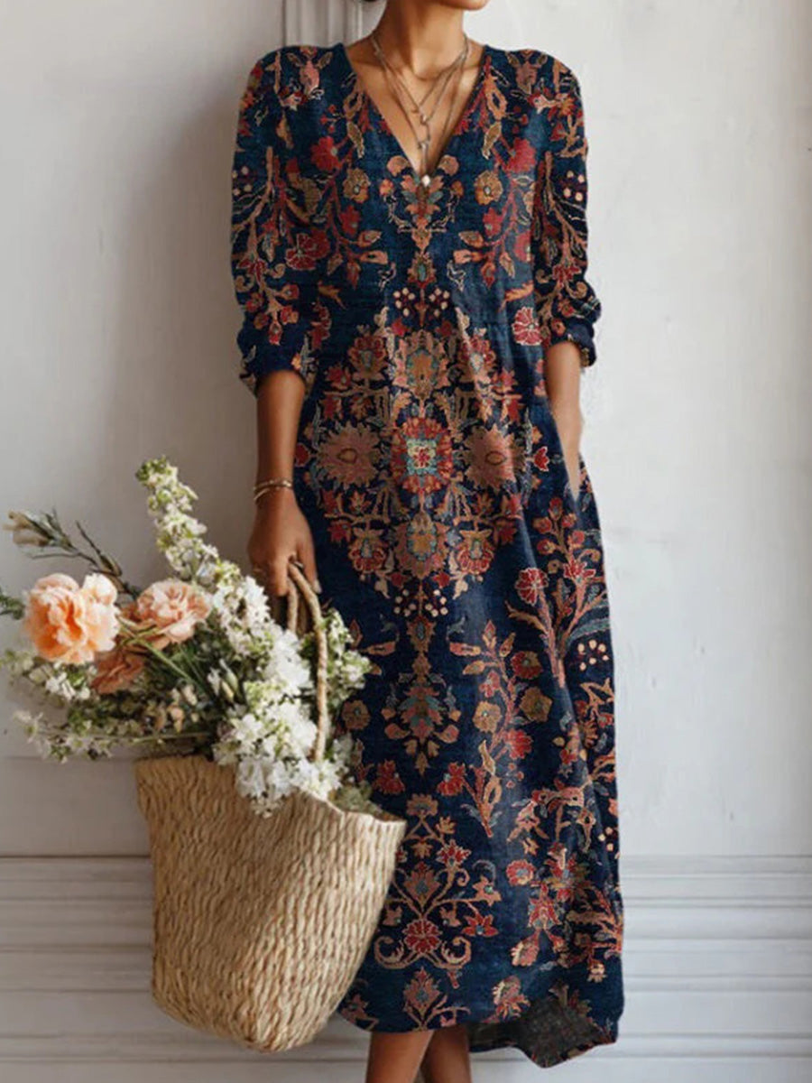 Vintage Ethnic Style V-neck Long Sleeve Dress