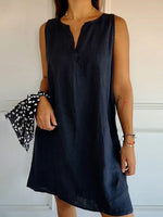Cotton and Linen Solid V-neck Sundress