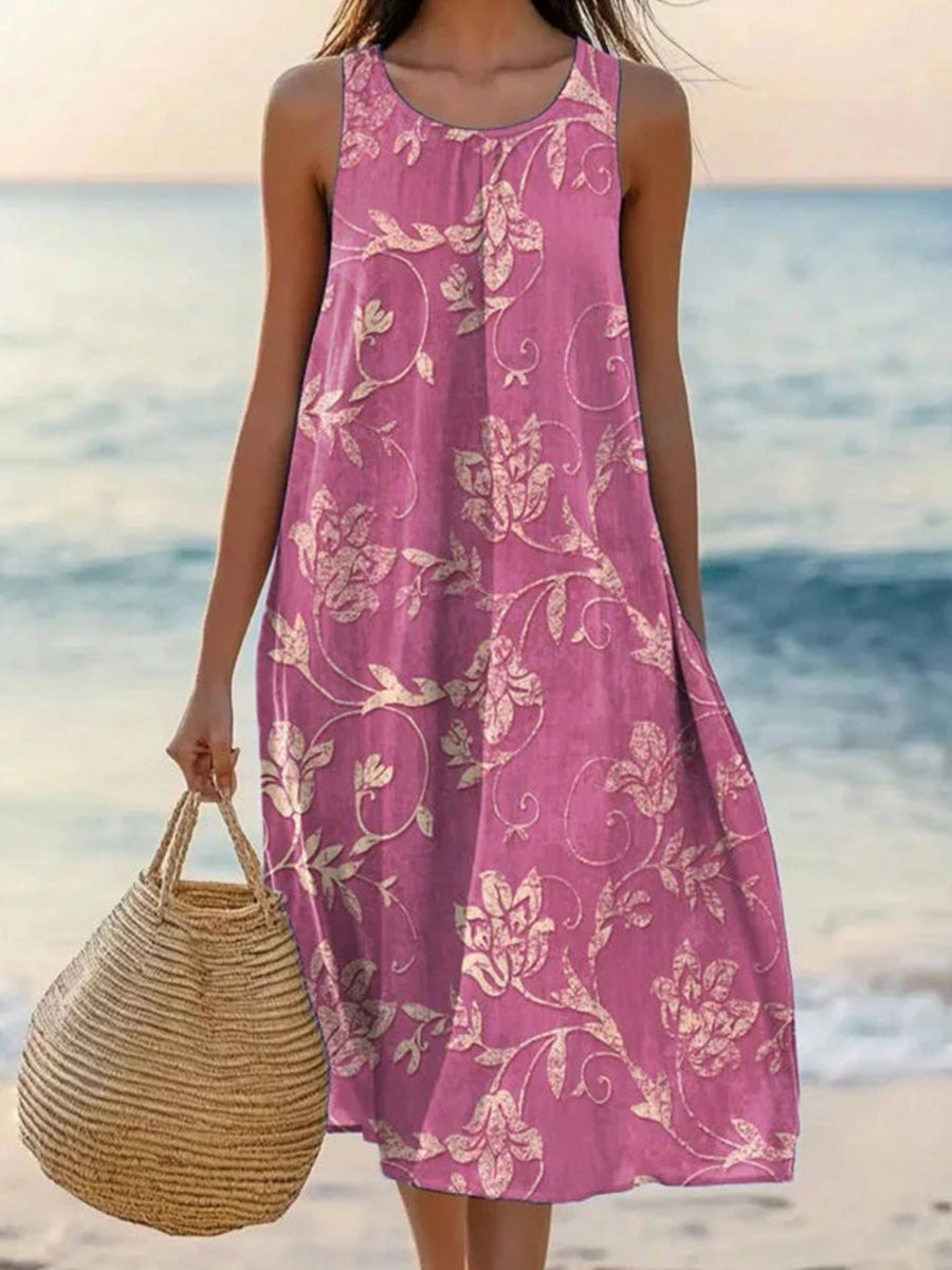 Vintage Floral Print Round Neck Sleeveless Dress