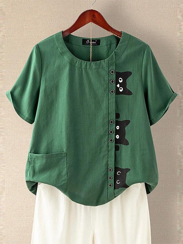 Cat Print Buttons Short Sleeve Blouse