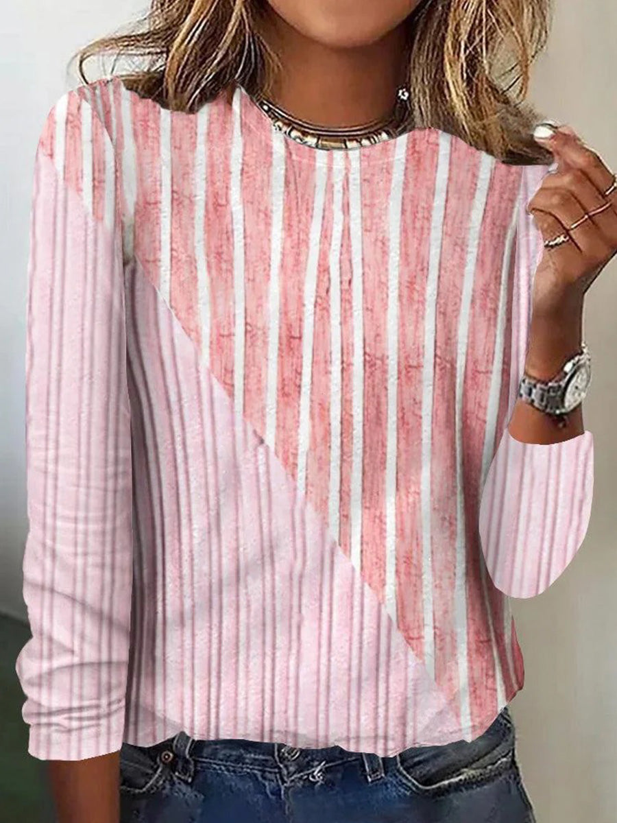 Unique Striped Print Round Neck Long Sleeve Top