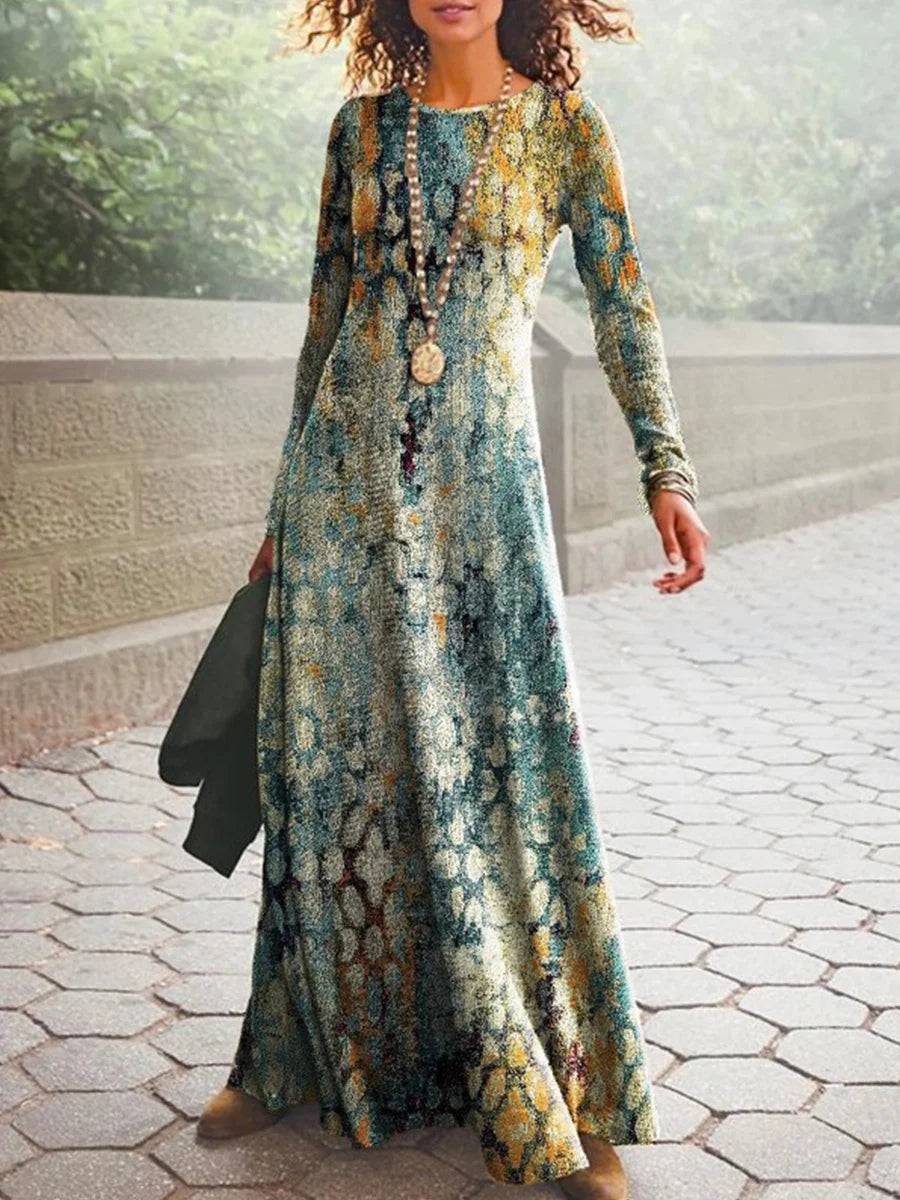 Vintage Abstract Print Round Neck Long Sleeve Loose Maxi Dress