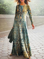 Vintage Abstract Print Round Neck Long Sleeve Loose Maxi Dress