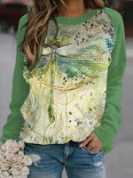 Green Casual Graphic Tops Round Neck Dragonfly Printed Long Sleeve Sweatshirts