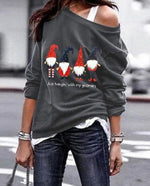 Santa Printed Long Sleeve Oblique Shoulder Sweatshirt