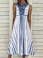 Women Sleeveless Lapel Striped Printed Graphic Button Pockets Maxi Dress