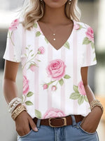 Vintage Floral Print V-neck Short Sleeve T-Shirt