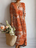 Stunning V-neck Long Sleeve Orange Midi Dress