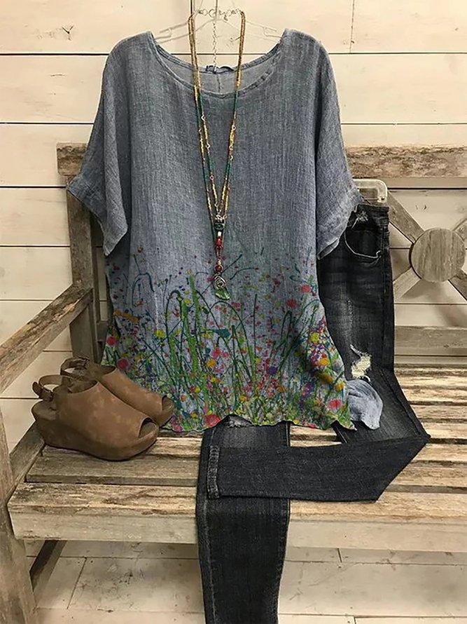 Crew Neck Casual Floral Print Short Sleeve Blouse