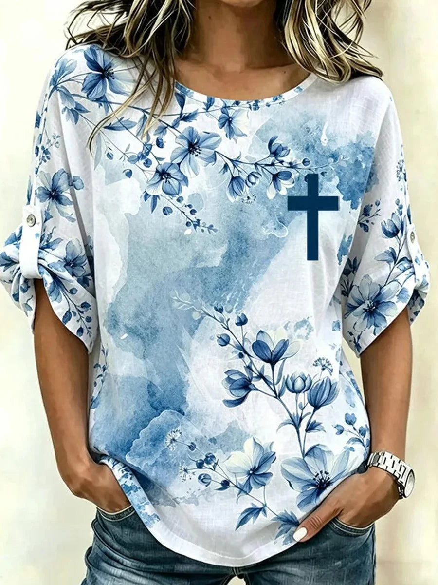 Blue Floral Cross Print Round Neck Roll-Tab 3/4 Sleeve Casual Top