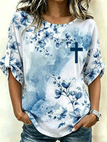 Blue Floral Cross Print Round Neck Roll-Tab 3/4 Sleeve Casual Top