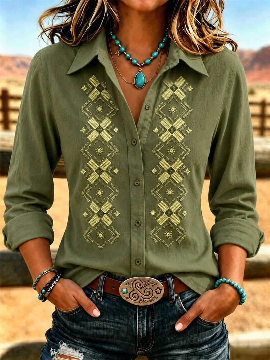 Shirt Collar Long Sleeve Geometric Printing Regular Micro-Elasticity Loose Shirt For Women