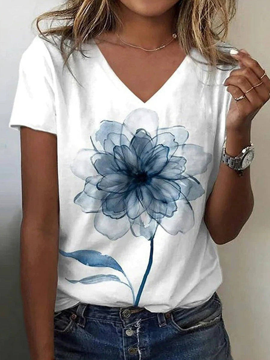 Vintage Floral Print V-neck Short Sleeve T-Shirt
