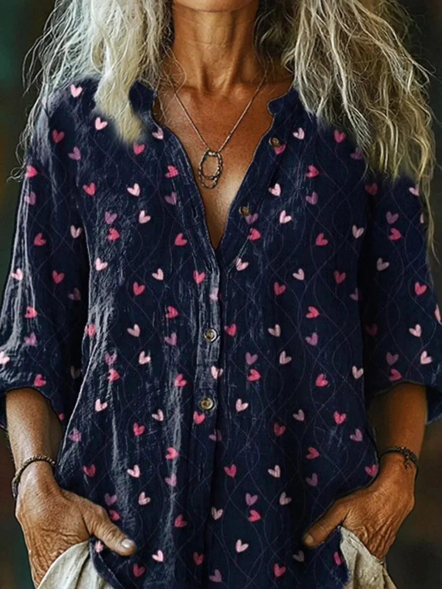 Casual Heart Print 3/4 Sleeve Button Down Shirt