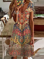 Colourful Ethnic Print V-neck Short Sleeve Dress