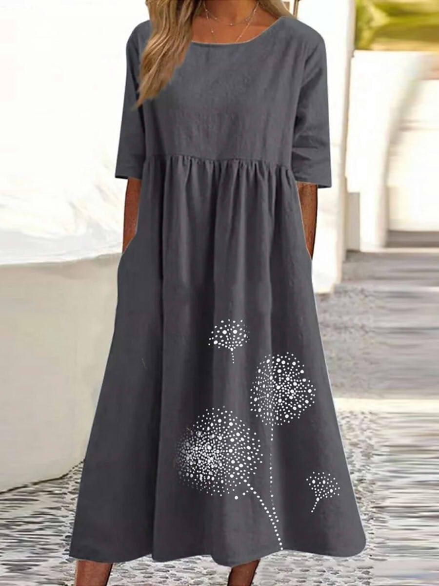 Casual Crew Neck Half Sleeve Cotton Midi Dress