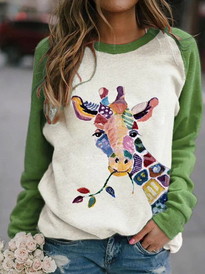 Green Casual Round Neck Animal Printed Long Sleeve Sweatshirts