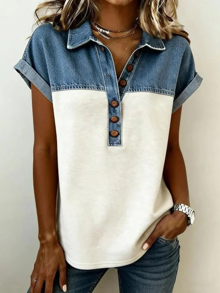 Casual Short Sleeve Color Block Polo Top