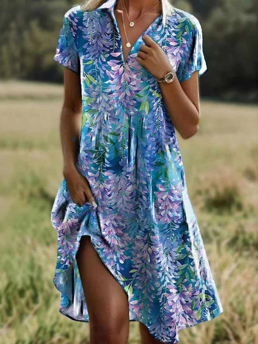 Vintage Leaf Print Short Sleeve Dress