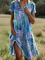 Vintage Leaf Print Short Sleeve Dress