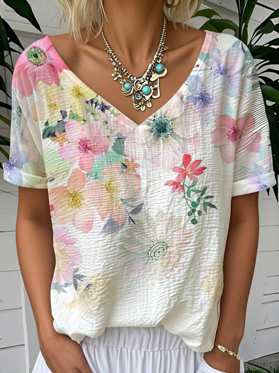 Casual Floral Print V-neck Short Sleeve T-Shirt